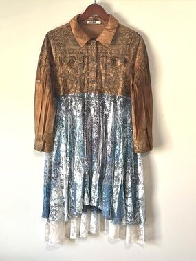 Mixed-Media Boho Duster with Printed Bodice & Blue, Purple & White Lace Skirt